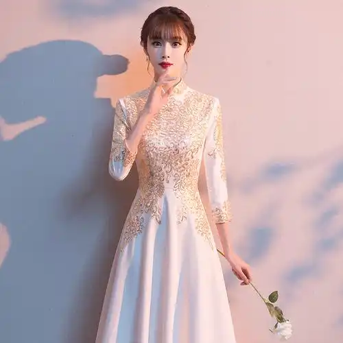晚礼服女2020新款宴会秋冬长袖演出旗袍连衣裙年会长款礼仪中国风