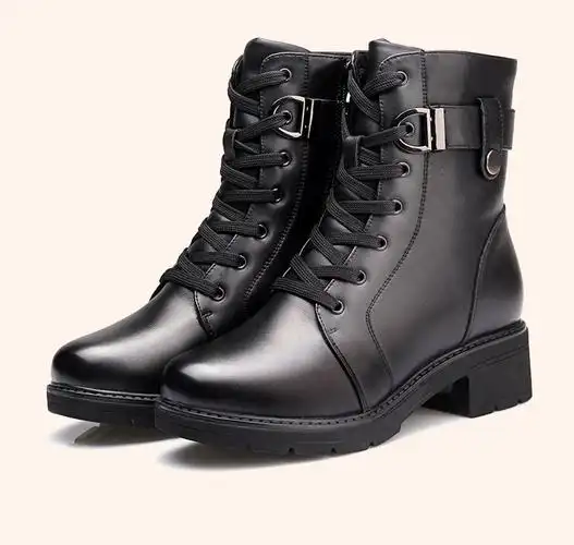 3515强人真皮女靴冬季羊毛军靴女加绒加厚马丁靴粗跟保暖中筒棉靴