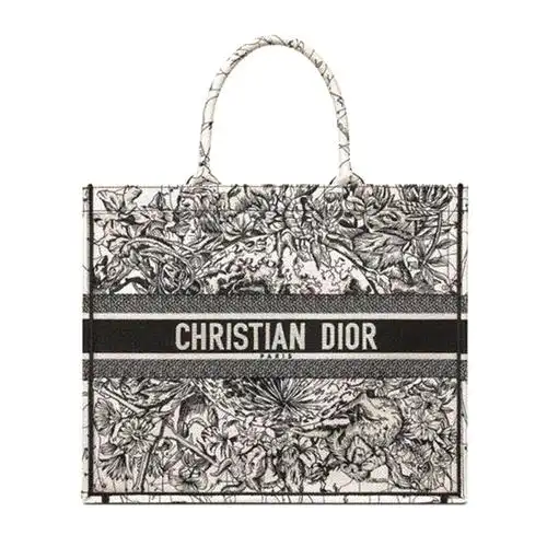 dior/迪奥 女包白色黑花手提袋购物袋book tote手袋标志刺绣新潮时尚