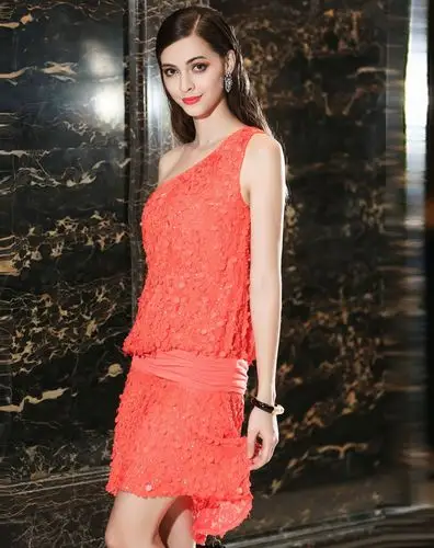 橙色订珠亮片吊带晚礼服连衣裙