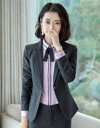 小西装女商务套装格子职业装正装西装工作服秋冬新款美容前台气质西服