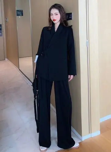 春季新款韩版复古气质显瘦西装外套 宽松阔腿裤两件套时尚套装女