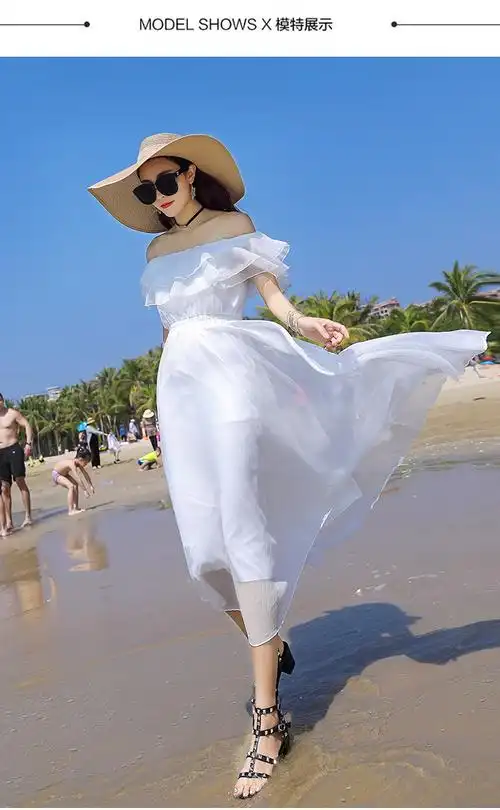 pq49433# 夏季新款白色雪纺连衣裙一字领海边渡假沙滩裙