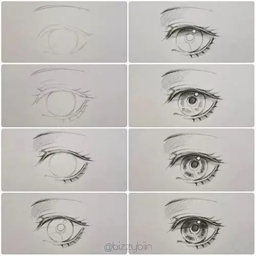 眼珠比较大,圆,明亮动漫眼睛中间宽,圆,眼角窄铅笔眼睛技法也可以跟