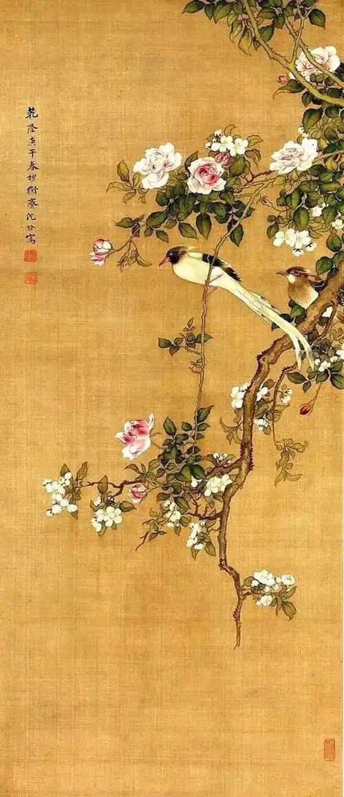 《桃潭浴鸭图》清 余省《桃花双绶图轴》明 周之冕 《杏花锦鸡图》明