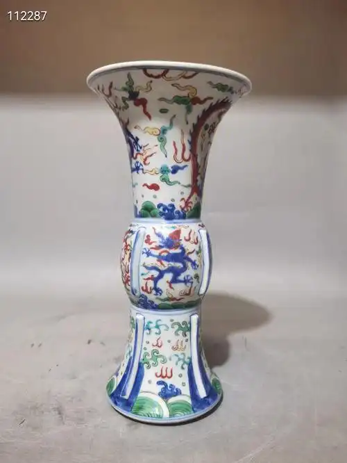 明万历五彩龙纹花觚古玩古董明代五彩古瓷