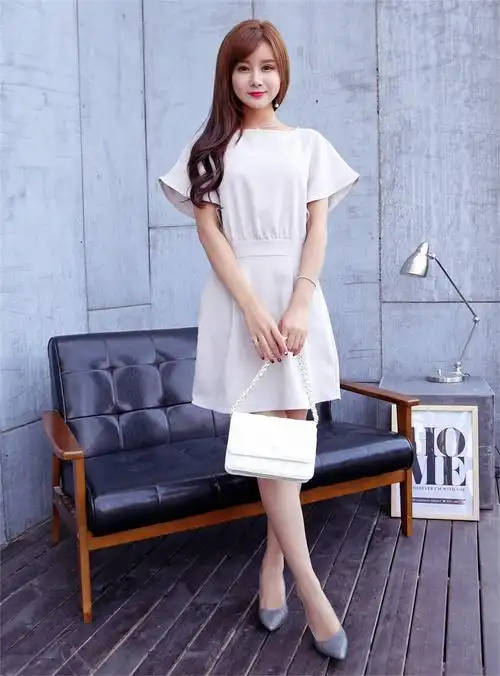 美都汇新款圆领中裙纯色裙子修身气质一字领连衣裙