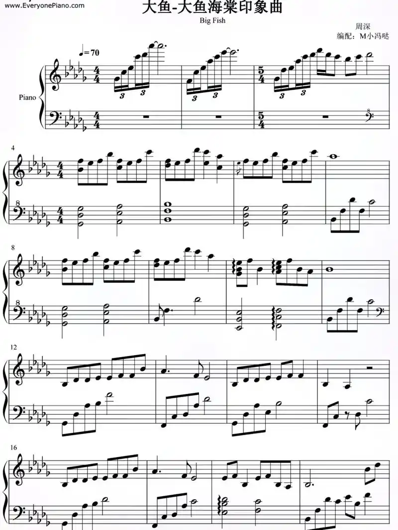 大鱼钢琴谱分享.大鱼五线谱分享.点赞收藏,关注留言05两手指 - 抖音