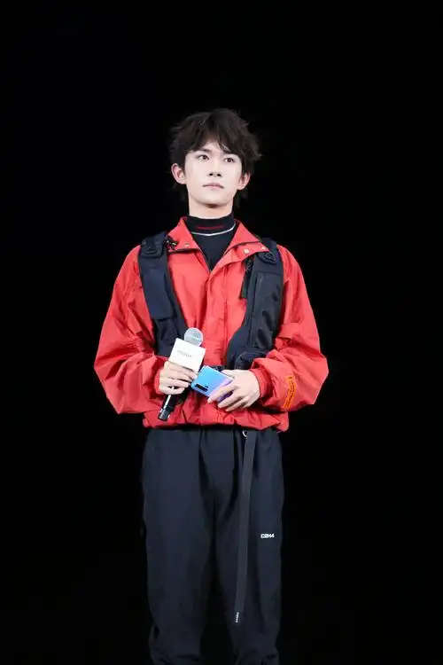 易烊千玺身着红色的heron presto冲锋衣搭配黑色工装马甲搭配微微翘起