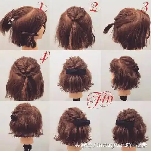 简单的编发黑色蝴蝶结低调气质用分层扎发把短发基本扎起来半丸子头正