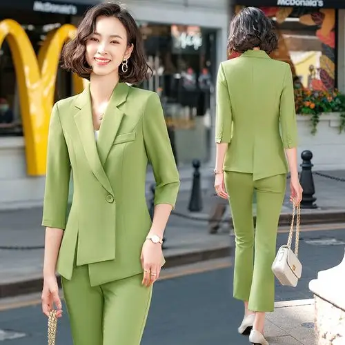 高级职业套装女夏新款设计洋气减龄显瘦不规则中袖时尚套装