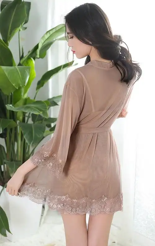 浪莎性感撩人三件套薄纱吊带睡裙极度诱惑网纱火辣睡袍女透明睡衣