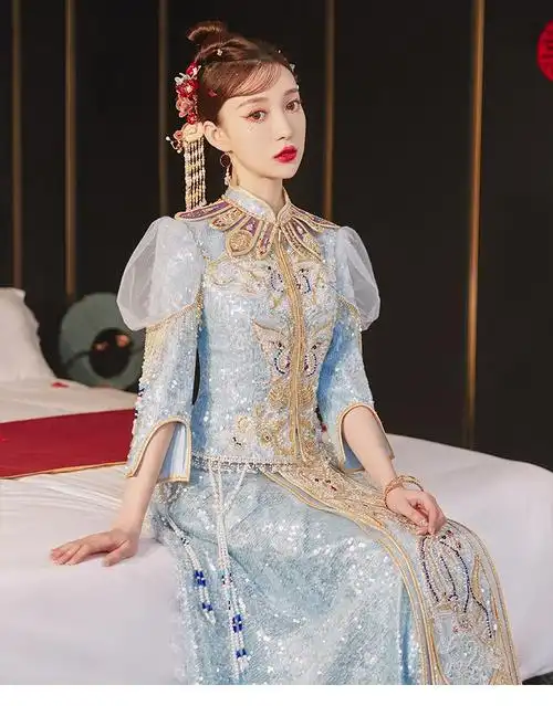 龙曼尼仕冰蓝色秀禾服新娘2022新款结婚礼服女婚纱中式龙凤褂显年轻款