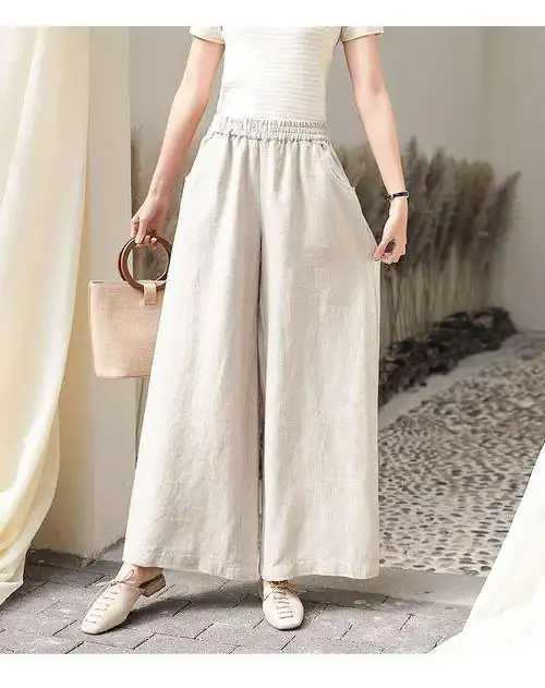 新款棉麻阔腿裤女夏亚麻休闲裤高腰垂感大脚裤子垂坠宽松长裤