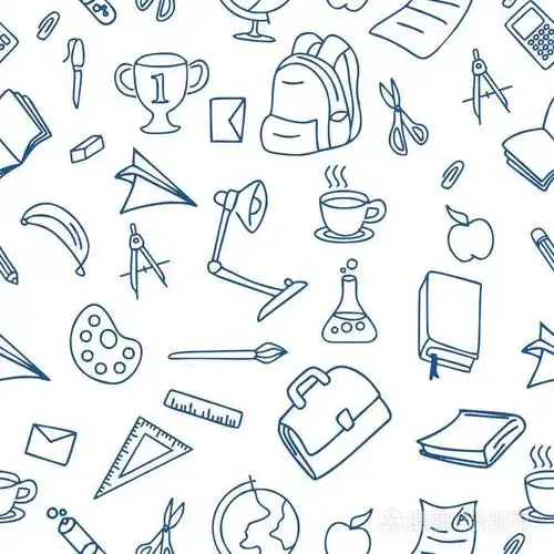 涂鸦学校物体无缝图案矢量插图与书灯,咖啡,化学笔,尺袋,苹果等.