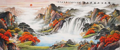 办公室秦喜聪装饰画大气风水招财靠山手绘山水画国画国画