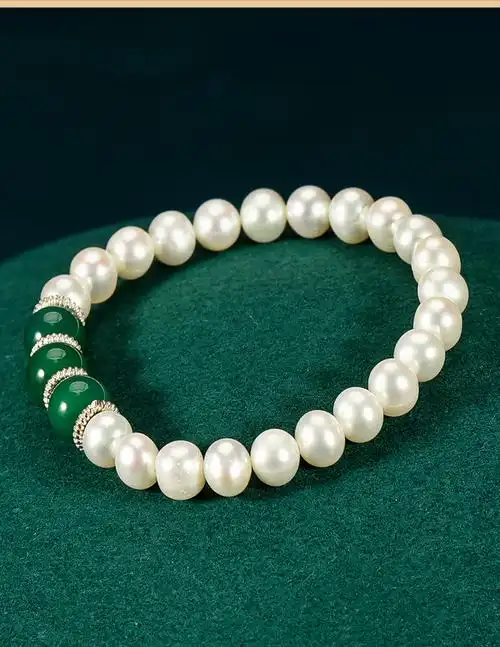 御弗系春风天然珍珠手串s925银饰品单层绿玛瑙手链女优雅复古手镯串珠