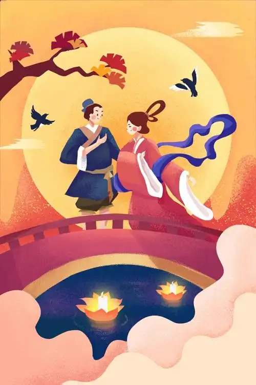 七夕情人节织女牛郎鹊桥插画