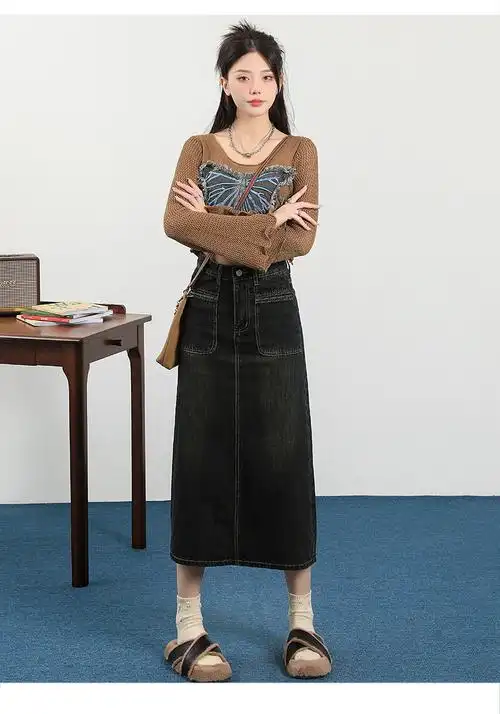 美式高腰牛仔半身裙女2024夏季新款小个子中长款a字开叉一步裙… - 17