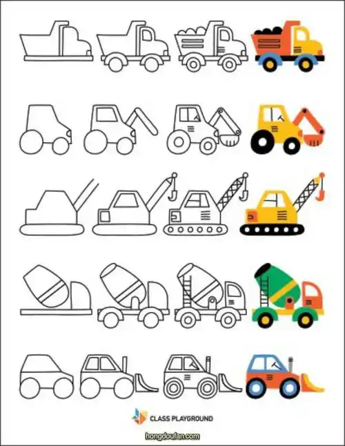 一步一步画工程车卡车挖土机水泥车产车要如何画