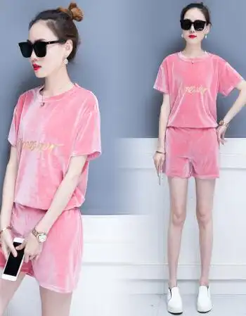 京东好店金丝绒运动套装女2018夏季新款韩版时尚宽松短袖短裤字母两件
