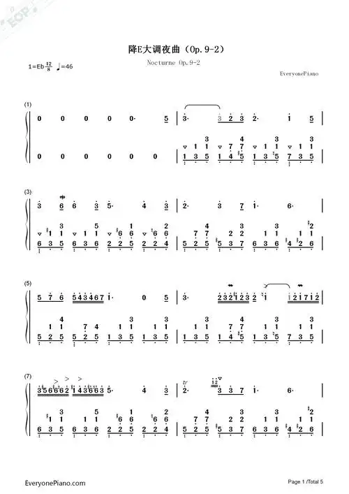 降e大调夜曲-肖邦双手简谱预览1-钢琴谱文件(五线谱,双手简谱,数字谱