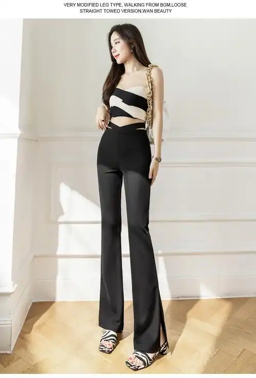 实拍2022夏季新款侧开叉裤垂感女高腰微喇叭裤显瘦休闲阔腿女拖地