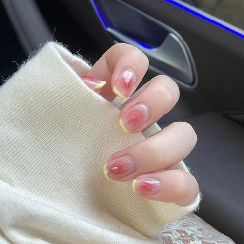 腮红晕染黄色法式短款显白穿戴美甲短款网红风假指甲成品贴片