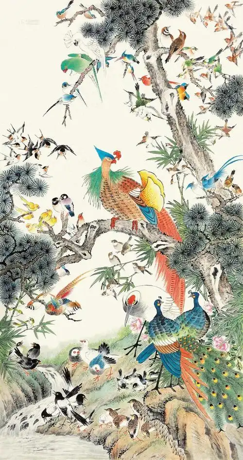 0346 百鸟朝凤 镜片 设色纸本