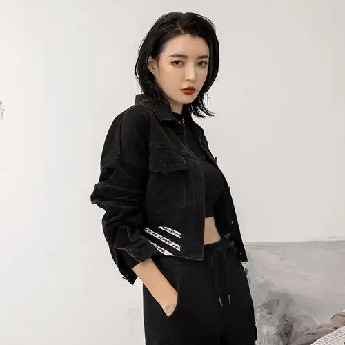 拓谷正品女装潮牌2021年秋季新款休闲百搭短款上衣女黑色牛仔外套