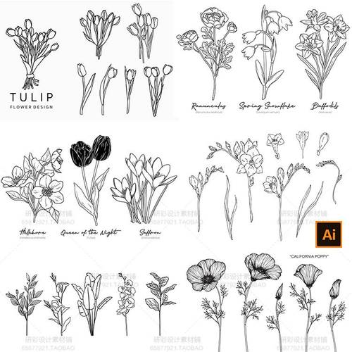 黑白简笔画线稿镂空铃兰花郁金香玫瑰花花卉手绘插画订婚礼ai素材