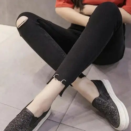 黑色破洞打底裤女九分裤春夏薄款高腰学生牛仔裤弹力紧身小脚裤子