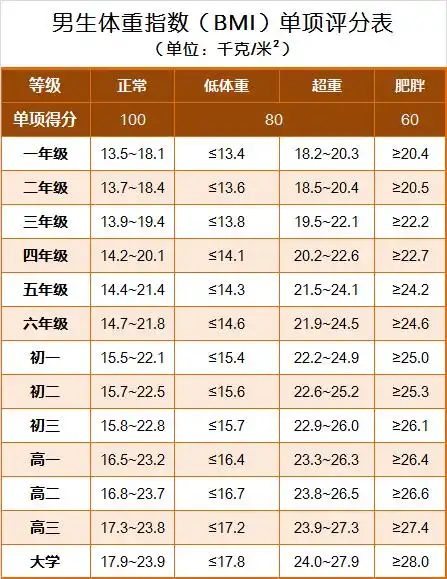 男生体重指数单项评分表