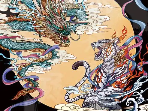 山海经神兽 龙虎系列《龙腾虎啸》插画-商业插画979689