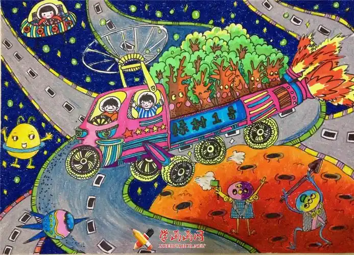 一等奖创意儿童科幻画图片《把植物送上土星》