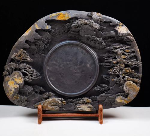 正宗广东肇庆天然原石端砚实用手工书法收藏级山水浮雕斧柯东砚台