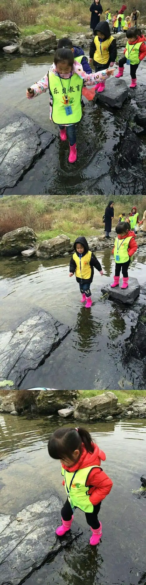 水不深,我们穿着雨靴可以走过去.体验一下踩水的乐趣!