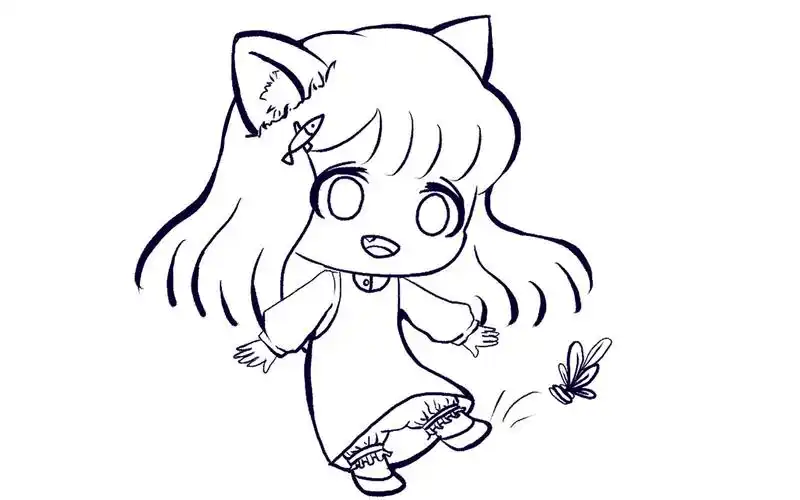 【绘画过程】q版人物想啥画啥线稿 踢毽子的猫女