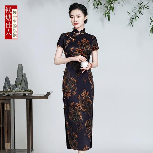 钱塘佳人2024秋季古法旗袍女高贵优雅富贵40姆米重缎真丝香云纱