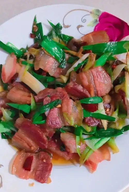 青椒红辣椒做的青蒜炒腊肉