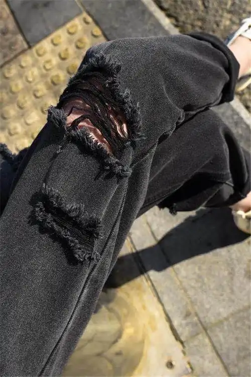高腰破洞牛仔裤女宽松春夏新款大码胖mm显瘦哈伦老爹黑色乞丐裤潮