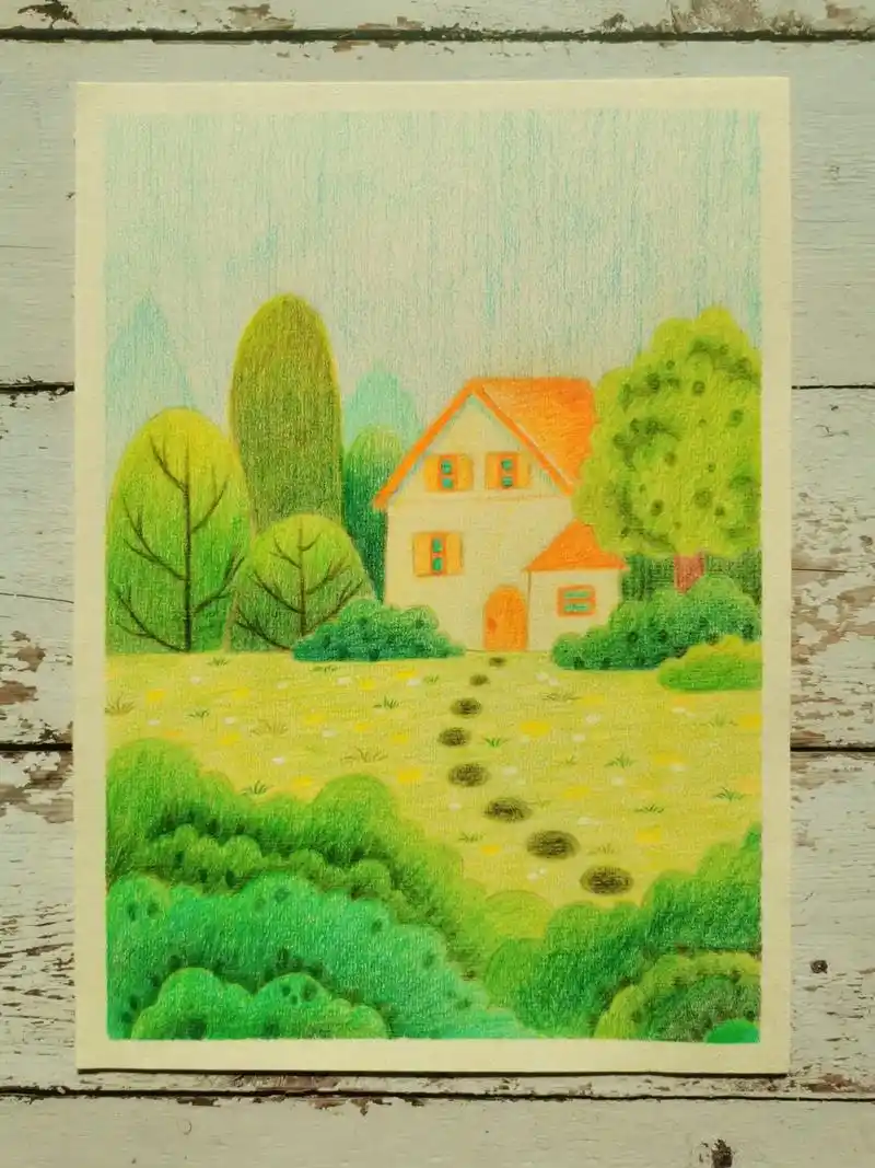 彩铅风景画教程.绿色的树木,草地,红屋顶的小屋～闲暇的周末 - 抖音
