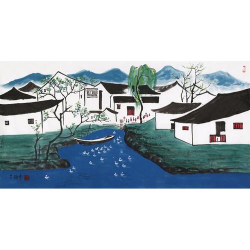 名家吴冠中国画山水四尺横幅字画江南水乡纯手绘抽象名人书画收藏