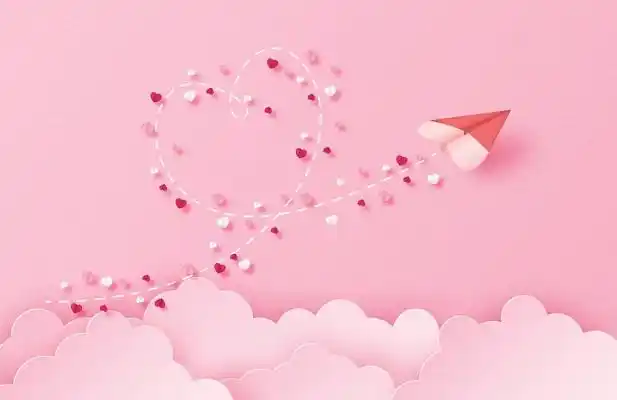 粉色清新情人节背景爱心折纸飞机云朵背景素材