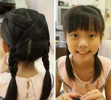 比较个性的不对称发型设计,小女孩双编发扎马尾辫发型,黑色的头发分开