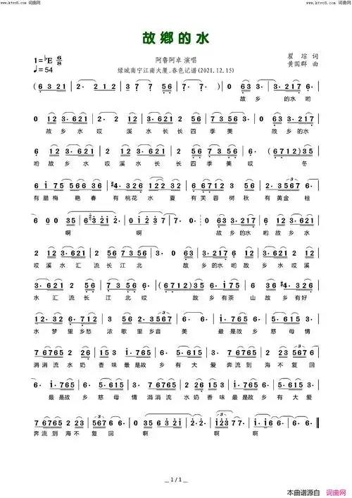 故乡的水简谱-阿鲁阿卓演唱-春色曲谱1