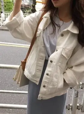 魅性秋装韩国ins宽松休闲白色牛仔外套女百搭显瘦单排扣学生上衣