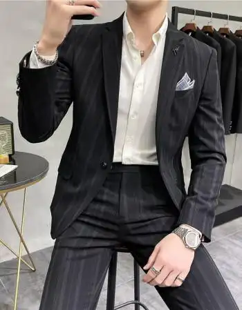 啄木鸟休闲西装男外套秋冬季韩版西服套装男士潮流修身青年帅气条纹小