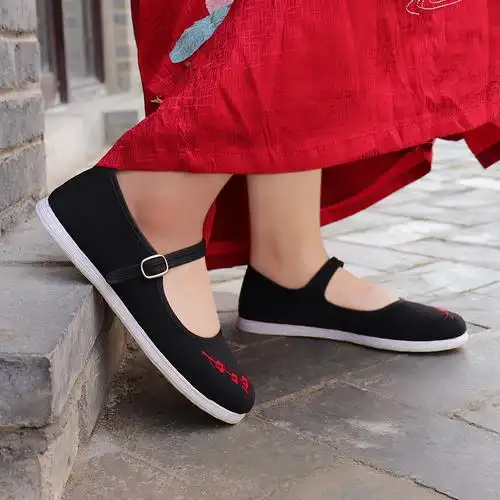 步瀛斋老北京布鞋春季浅口单鞋平底一字扣手手工千层布鞋