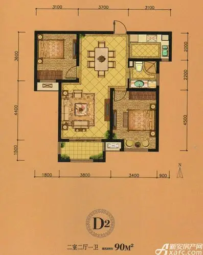 伟星金域华府d2户型2室2厅90平米